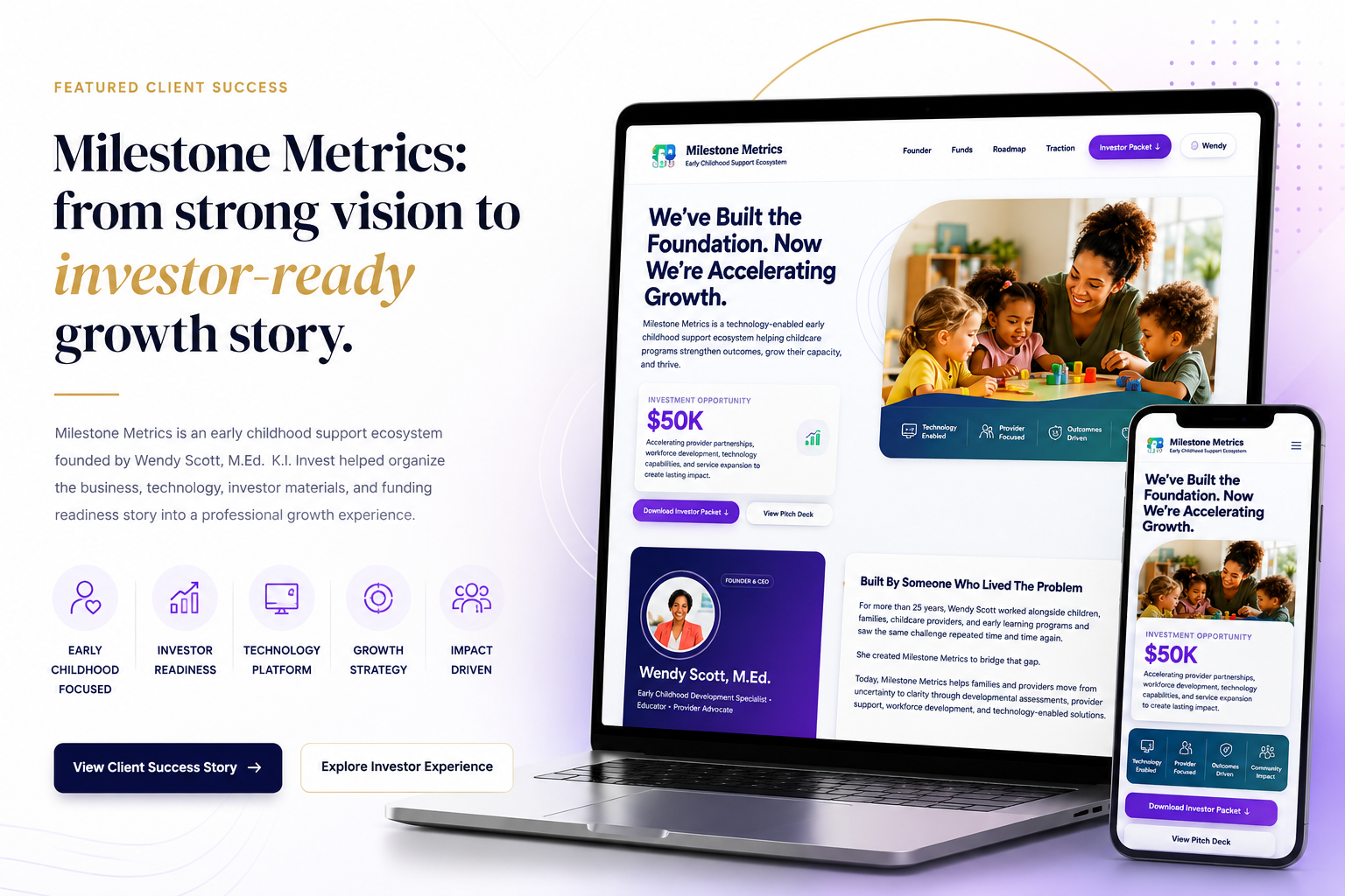 Milestone Metrics investor experience preview designed by K.I. Invest